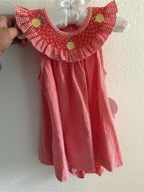 Girls Red Gingham Smocked Lemon outfit 
size 18 months